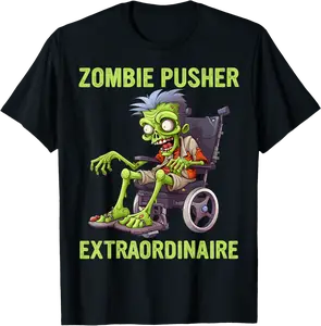 Wheelchair Costume Zombie Pusher Halloween Handicap Joke T-Shirt - 65B0CKB6RTR1