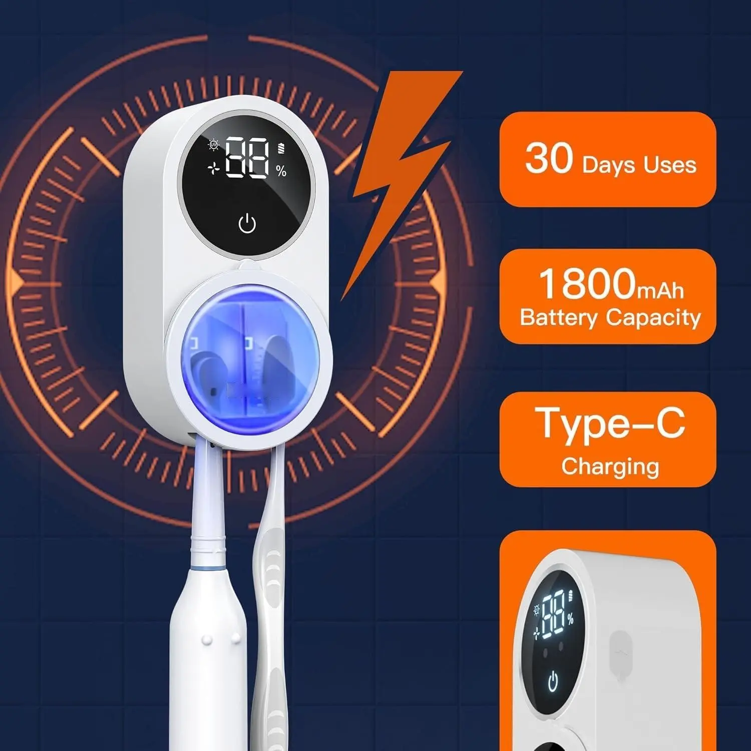 2026 Latest Toothbrush Cleaner, Rechargeable Wall-Mounted Brush Holder, UV Toothbrush Sanitizer Holder, UV-C Cleaning and Drying, LED Smart Screen, Toothbrush Holders Wall Mounted