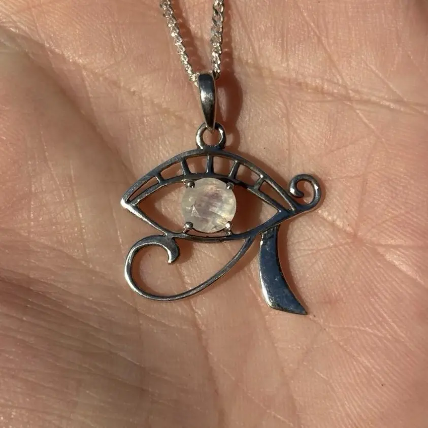 Sterling Silver Eye of Horus Rainbow Moonstone Pendant with 18" Chain