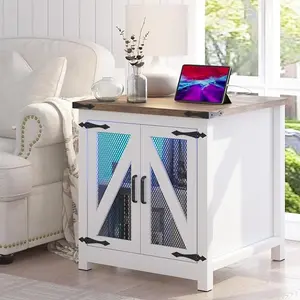 Farmhouse End Table, 24" Large Sofa Side Table with Charging Station, Mesh Barn Door, and Adjustable Storage Shelf, Rustic Wood Square Nightstand for Living Room, Bedroom, Office, Grey,white