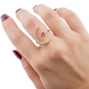 14K Women's Ring Moon and Star Zirc Daily Wear Jewelry Yellow Gold-Tone Adjustable Size with Gemstone Accents for Subtle Elegance