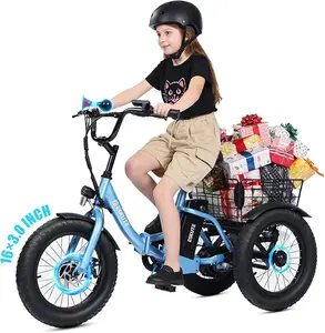 ESKUTE T300 Mini E-Trike Electric Bike, 16X3.0 Fat Tire Folding Trike, 302.4Wh Battery, Peak 500W Motor, Step-Thru 3 Wheel Electric Bicycle, 12.5MPH Safe Speed, Tricycle for Begginer, Age 6+, Blue