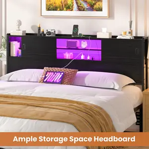 Homieasy Sturdy Headboard for Bed Frame, Cabinet Storage Head board with Power Outlet & LED light, Headboards with Sliding Door &  Storage Shelf
