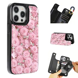 Beautiful Pink Rose Theme Pattern Leather Card Holder Phone Case, Suitable for iPhone 17 Air/16 Plus/15 Pro Max/14 Pro/13/12/11/XS Max/X Phone Case, Perfect Gift for Thanksgiving and Christmas for Family, Friends, Lovers, Boyfriend, Girlfriend