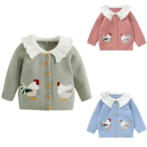 Toddler Baby Girl Knit Cardigan Doll Collar Long Sleeve Rooster Embroidery Button Down Sweater Coat Infant Farm Clothes