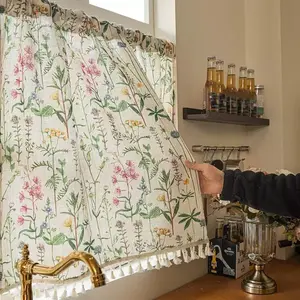 Modern Farmhouse Style Curtains, Floral Pattern Drapes, Short Coffee Curtain with Fringe, American Middle Eastern Design, Export Quality