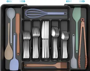 Extra Large Expandable Silverware Organizer BPA Free Adjustable Cutlery Tray for Kitchen Drawer Black 8.5 to 14 Inches Multi Compartment Layout