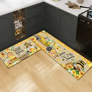 2 Piece Set Yellow Kitchen Mats with Bee Elements, Style Rugs, Minimalist Rugs, Super soft rug, Absorbent, Non-slip Soft Rugs made of Diatomaceous Earth, Suitable for Bedrooms Kitchen Bathroom Entryway Carpe