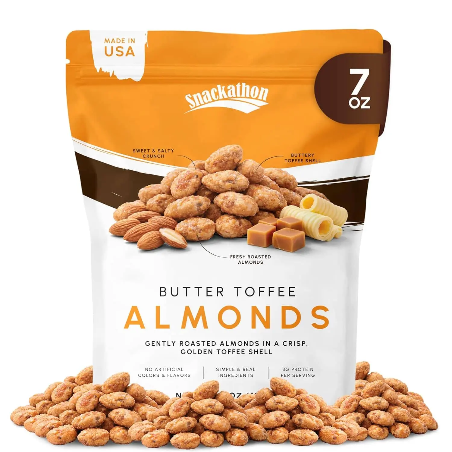 Snackathon Butter Toffee Almonds, Resealable Bag, Made in USA, All-Natural Fresh Roasted Nuts Coated in a Crunchy Buttery Toffee Shell, Gourmet Sweet & Salty Snack