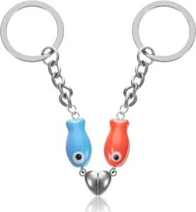 Matching Keychain, 2 Pcs Couple Keychains for Him and Her, Magnetic Interlocking Design for Anniversary, Wedding, Birthday (Red & Blue)