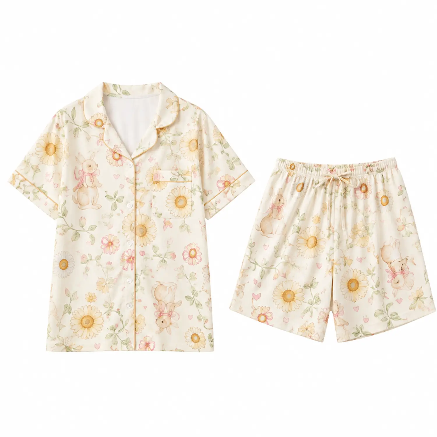 Cream Floral Bunny Print Pajama Set, Short Sleeve Button Front Shirt and Elastic Waist Shorts, Adorable Matching Two Piece Sleepwear Ensemble
