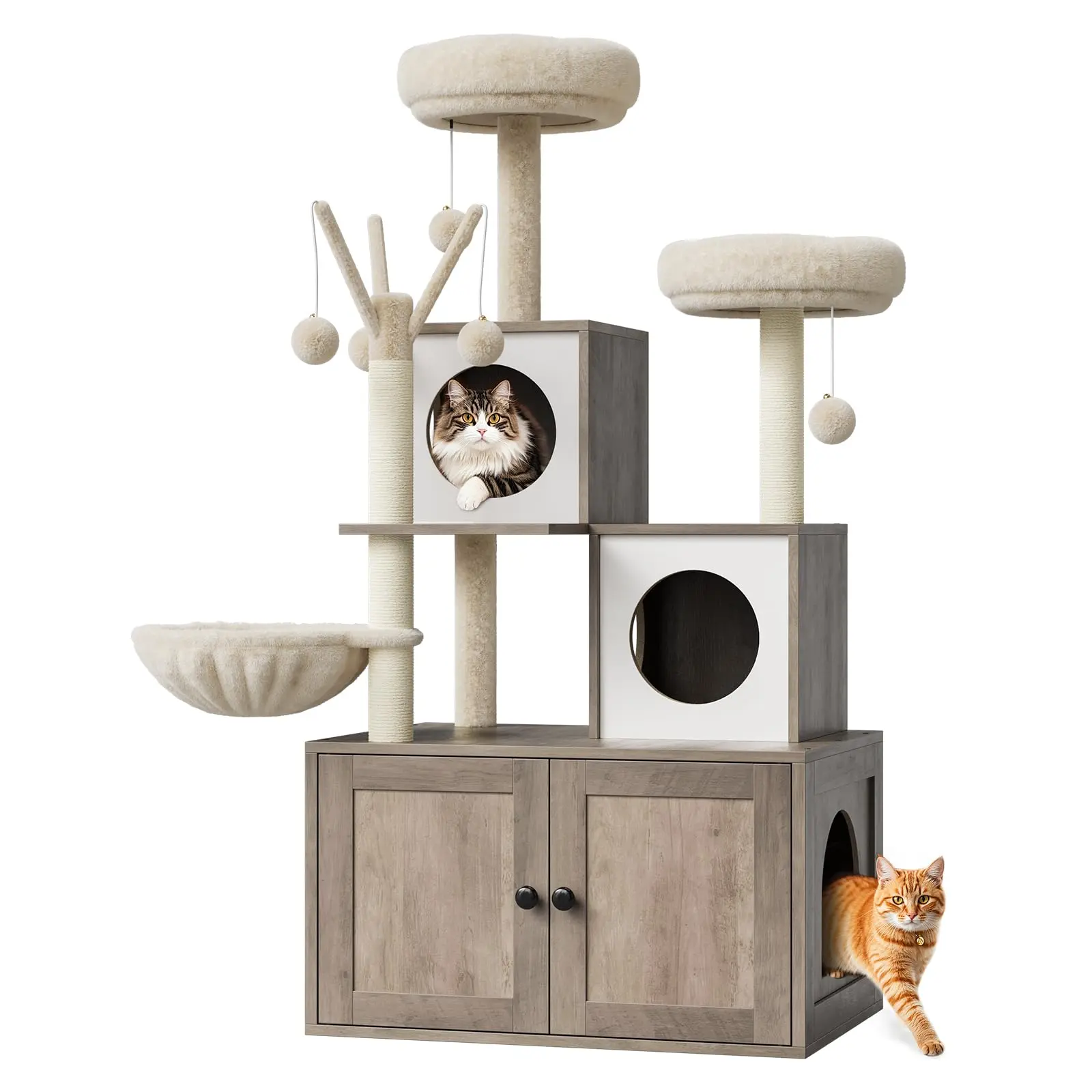 Garvee Upgraded Litter Box Enclosure with Cat Tree Tower 2-in-1 Modern Hidden Pet Washroom Furniture with Condo Hammock Scratching Posts and Multiple Soft Perches 30.71 x 18.9 x 50.79 inches