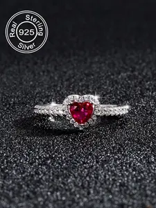 925 Sterling Silver Heart Shaped Rhinestone Decorated Ring, Fashion Heart Rings, Fashion Accessories for Women & Girls, Trendy All-match & Exquisite Jewelry for Birthday Gift