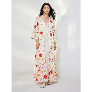 URBAN REVIVO Women's Viscose-Cotton-Lace Longline Jacket, Thin Full-Length Floral Print Sleeved 2026 Casual Outerwear, Sleeve