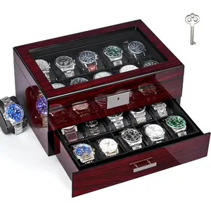 TRAIL RECKONING 20 Slot Watch Box for Men and Women - 2-Tier Display Case With Large Glass Lid, Lockable Wooden Organizer, Luxurious Holder UJWB002Y