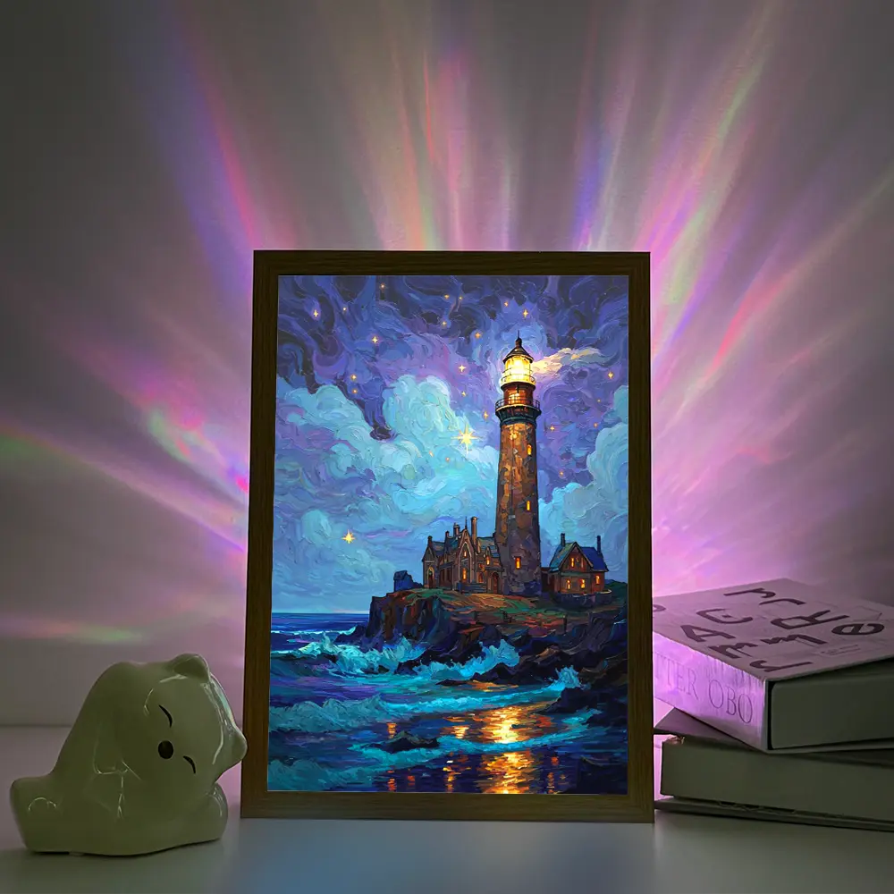 Starry Night Lighthouse Coast In Van Gogh Style LED Light Painting USB-Powered, Adjustable Desk Lamp, Polished Wood Frame, Perfect For Bedroom Or Home Decor, Ideal Birthday Gift, LED Lights For Bedroom, Interior Led Lights, Indoor Room Lights
