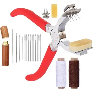 Stitching Hole Punch ,4mm Silent Leather Hand Pliers( 4  and 2 ) with Leather ,Wooden  Case,Waxed Thread for Belts, Straps, Saddles, Shoes, Fabric, Leather DIY