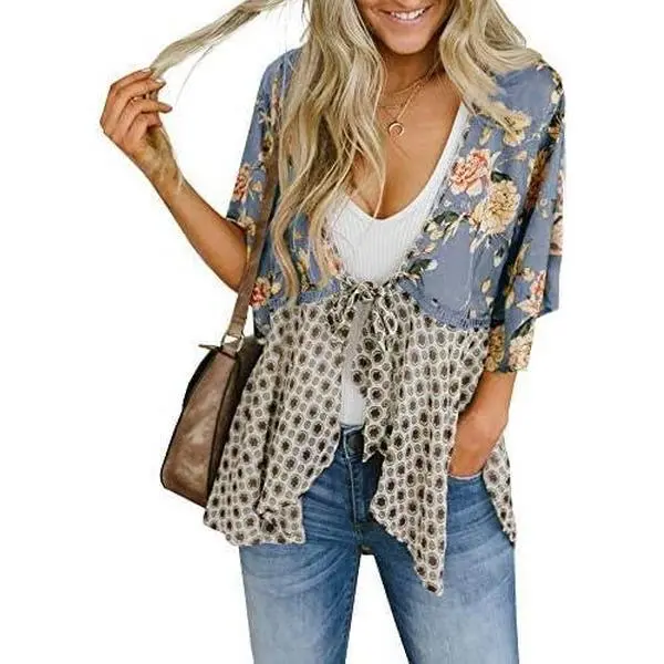 Imily Bela Women Floral Kimono Cardigans 3/4 Ruffle Sleeve Lightweight Patchwork Flowy Boho Tie Loose Cover Ups
