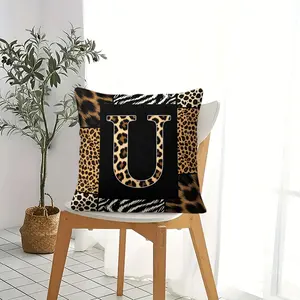 Leopard Print Initial U-Z Pattern Cushion, Zipper Closure Square Pillow, Vintage Style Decorative Throw Pillows, All Season Custom Gift