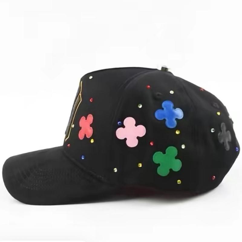 Nyc Clovers Black Baseball Cap with Colorful Cross Embroidery and Sparkling Beads for Stylish Outfits