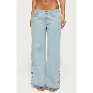 Edikted Women's Crochet Low Rise Wide Leg Jeans