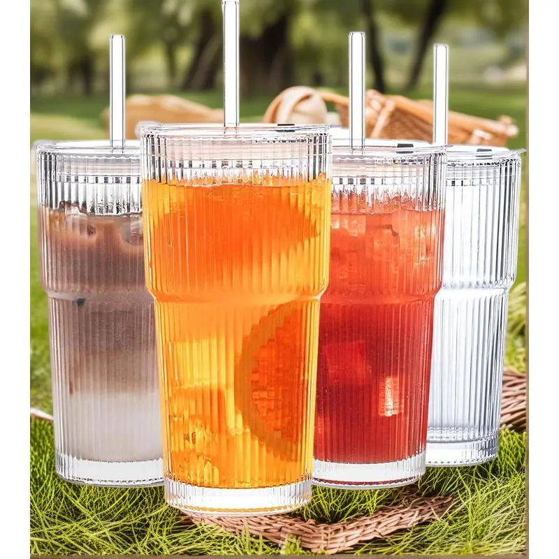 Premium Drinking Glasses Set - 18oz Durable Vertical Stripes Thick Glass Cups with Leakproof Lid & Straw, Stylish Drink/Beverage Tumblers for Home Party Dining (Home/Bathroom Supplies), Iced Coffee Glasses