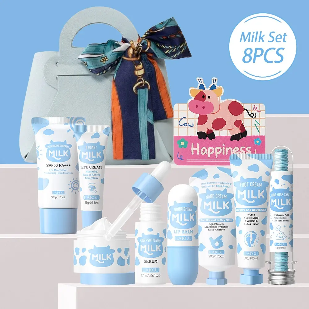 LAIKOU Milk Body Gift Set Includes Foot Cream, Hand Cream, Hand Soap Sheet, Face Cream, Sunscreen, Lip Balm, Eye Cream & Serum, Hydrating Moisturizing Nourishing Softening Brightening Daily Body Care Beauty Kit Body Care Sets for Whole Body & Face