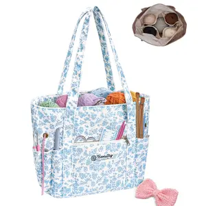 Crochet Bag, Corduroy Tote Bags with Needle Holders Grommets, Large Capacity Four Compartment Yarn Storage for Women