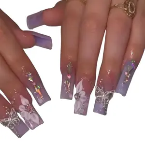 Purple 3D Butterfly Flower Press-On Nails – Medium Square Glue-On Acrylic False Nails, Full Cover 24-pc Set