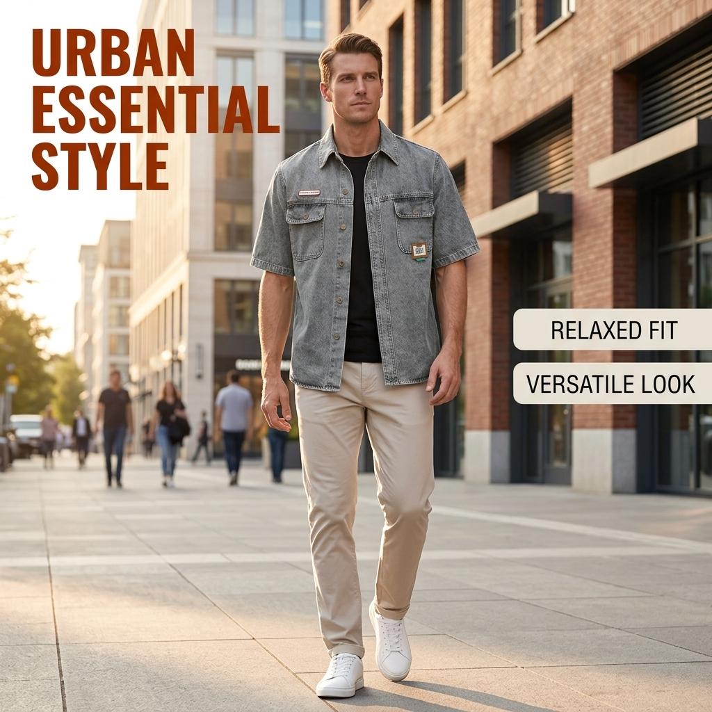 Men's  Washed Denim Shirt, Retro Distressed Biker  Shirt， Classic Trucker Shirt with Shoulder Stitching, Casual Button-Down Motorcycle Denim Shirt  for Men, Fashion Streetwear Denim Shirt for Daily Wear, Riding, Outdoor