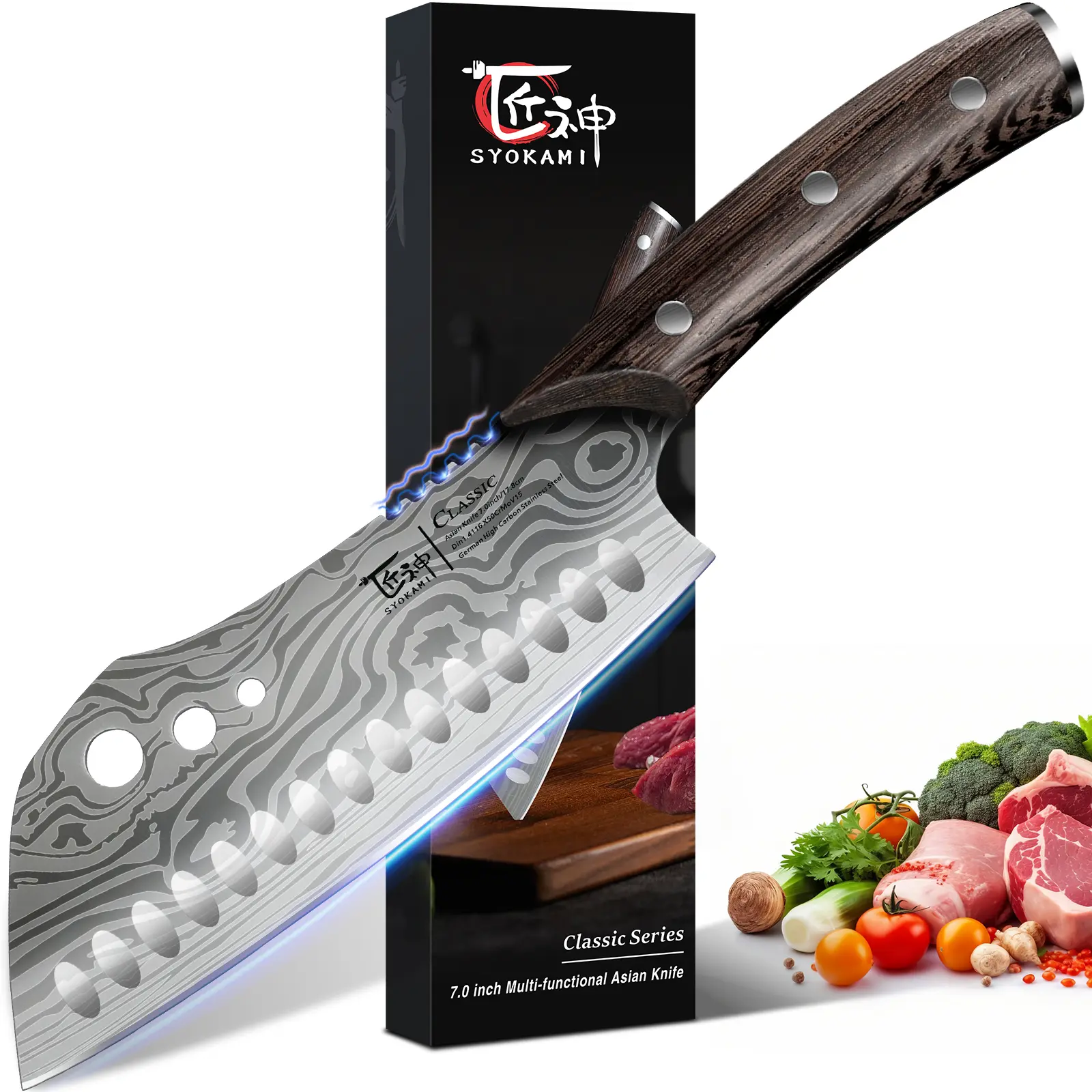【DealsForYouDays】 SYOKAMI 3-in-1 7" Kitchen Knife with Herb Stripper, Asian Knife Combined with Chef Knife, Santoku, Nakiri, Ideal for All-Around Food Preparation—Slicing, Chopping, Dicing, Mincing, Christmas, Mother's Day Gifts
