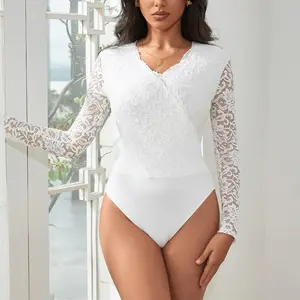 Women's Sheer Mesh Bodysuit Sexy V-Neck Long Sleeve See Through Vegas Outfits for Women 2025 Trendy Cute Bottle Girl Lace Shirts Leotards Basic Stretch Fabric