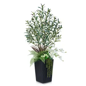 VeriNatural 4FT Mixed Fern and Olive Artificial Plant with Black Taper Planter, Indoor & Outdoor (VN149)