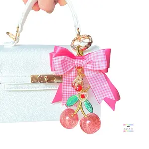 Faux Pearl Initial Coquette Bow Glitter Cherry Bag Charm / Custom Letter Purse Charm  / Cherry Charm Fashion Accessory
