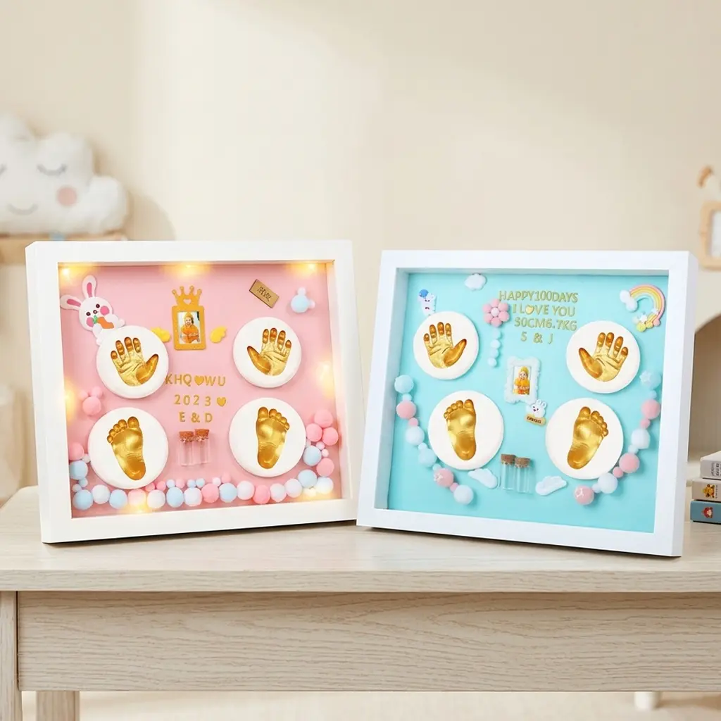 DIY Baby Handprint and Footprint Keepsake Shadow Box Kit - Personalized DIY Memory Frame with LED Lights for Newborns, Perfect Baby Shower Gift and Nursery Decor