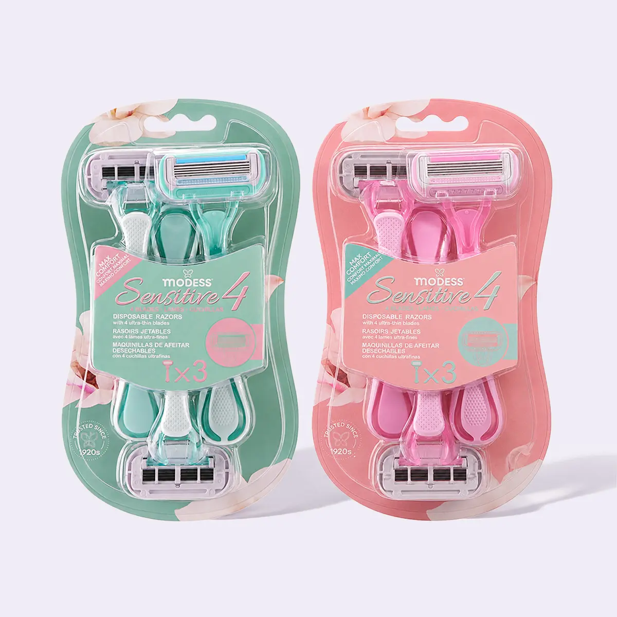 Modess Women's Sensitive Disposable Razors for Hair Removal - 4 Ultra-Thin Razor Blades, Pivoting Head, Aloe Strip, Gentle, Easy Rinsing, 6 Count, Beauty & Personal Care Bath & Body Care Shave Essentials, 4-Blade, 4 Ultra-Thin Blades