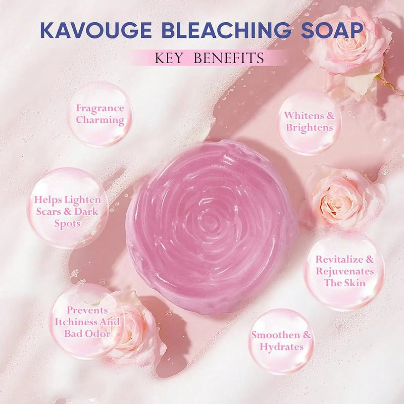 Kavouge Rose Soap Niacinamide Whitening Moisturizing Tranexamic Acid & Shea Butter, Creamy Daily Cleansing Bar for Soft, Hydrated Skin, Botanical Extracts, Face & Body