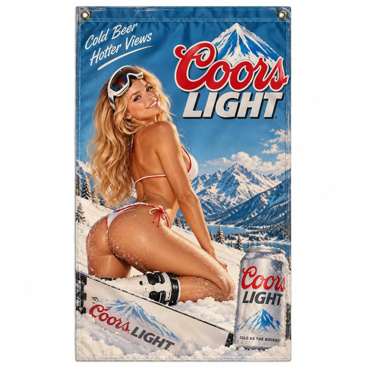 Coors Light Beer Flag, Sexy Ski Girl Bikini Snow Mountain Banner, Cold Beer Hotter Views Winter Skiing Design, Vintage Retro Bar Wall Decor, Man Cave Garage Decoration, Beer Lover Gift