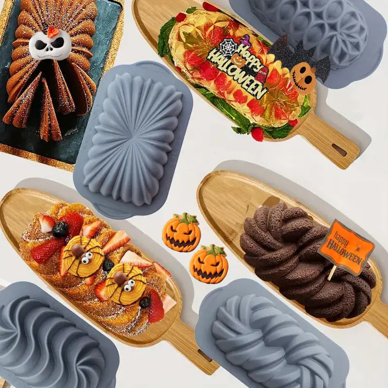 4 pack Silicone Bread Loaf Pan, Exclusive & Novelty Collection Cake Pans, Lotus/ Spiral/ Braided/Classic Fluted Shape Loaf Pan, Oven Rectangular Non-S