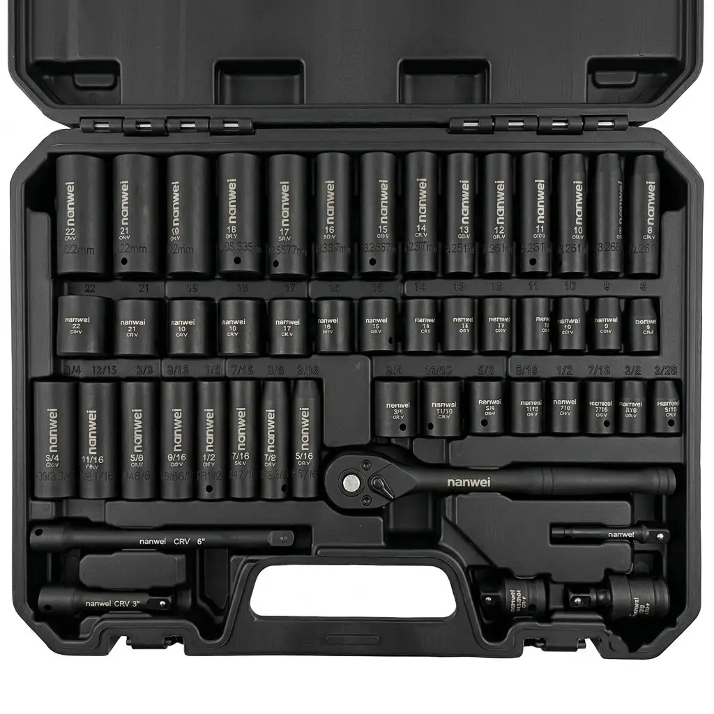 50-Piece 3/8" Drive Impact Socket Set - Metric & SAE, Deep/Shallow CR-V Sockets (5/16"-3/4", 8-22mm) with Ratchet Handle, Extension Bars, Storage Case