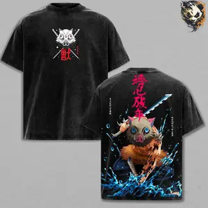 Inosuke Anime Washed Tee – Demon Slayer Graphic T-Shirt, Wild Warrior Aesthetic Boar Mask Energy Streetwear Trendy Otaku Gift Anime Fan