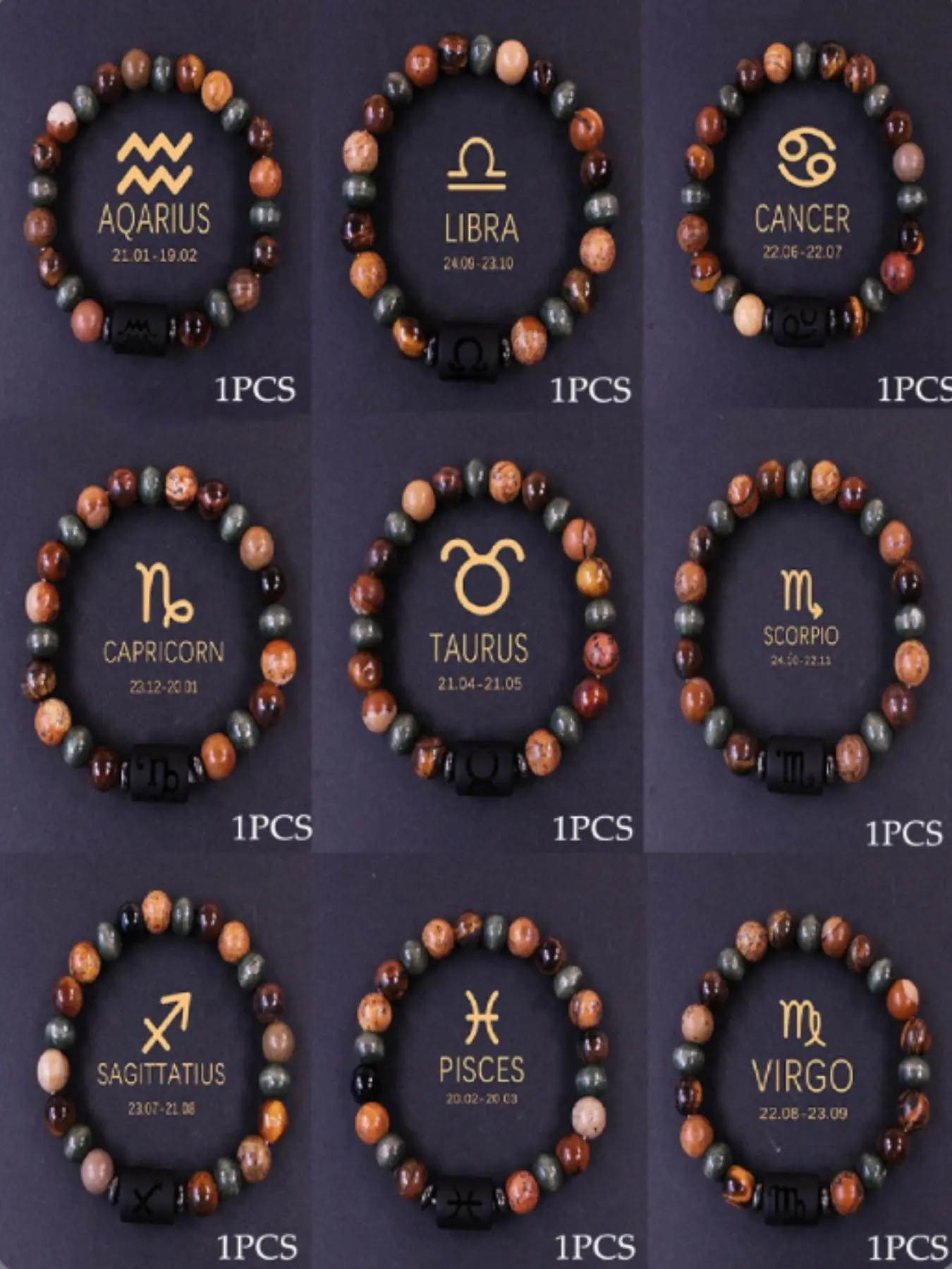 Natural Stone 1 12 Constellation Zodiac Sign Bracelet Natural Stone Bead Bracelet, Tiger Eye Stone Picture Stone Bracelet, Neutral Bracelet for Birthday and Lover Gifts, Gift for Father, Grandfather