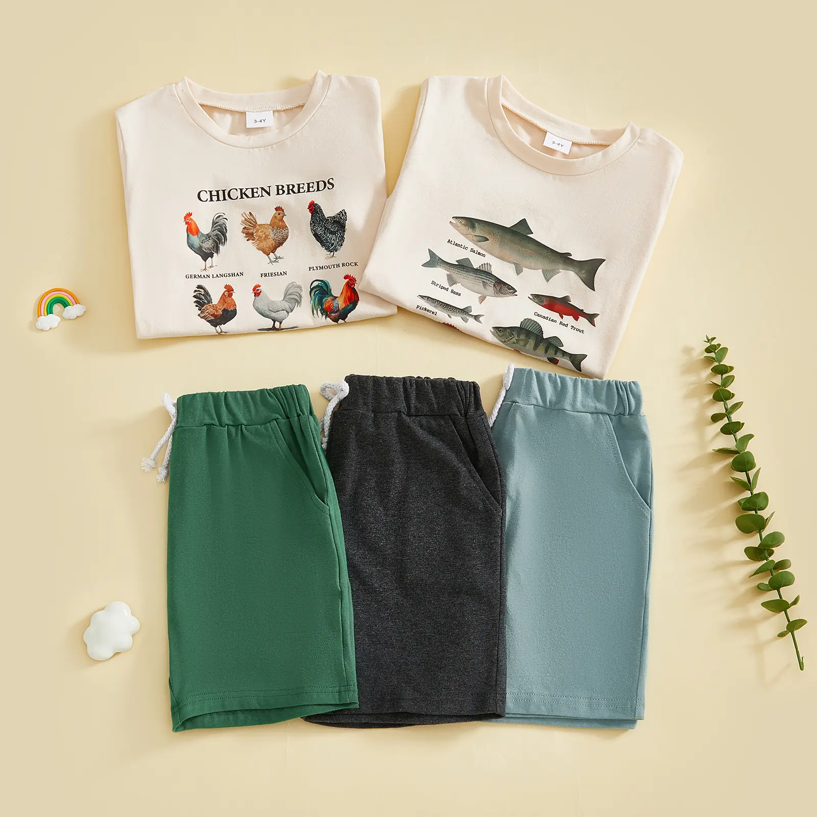 Toddler Baby Little Little Boy Outfit Fish/Rooster Short Sleeve T-shirts and Solid Shorts Summer Set 1-5 Years