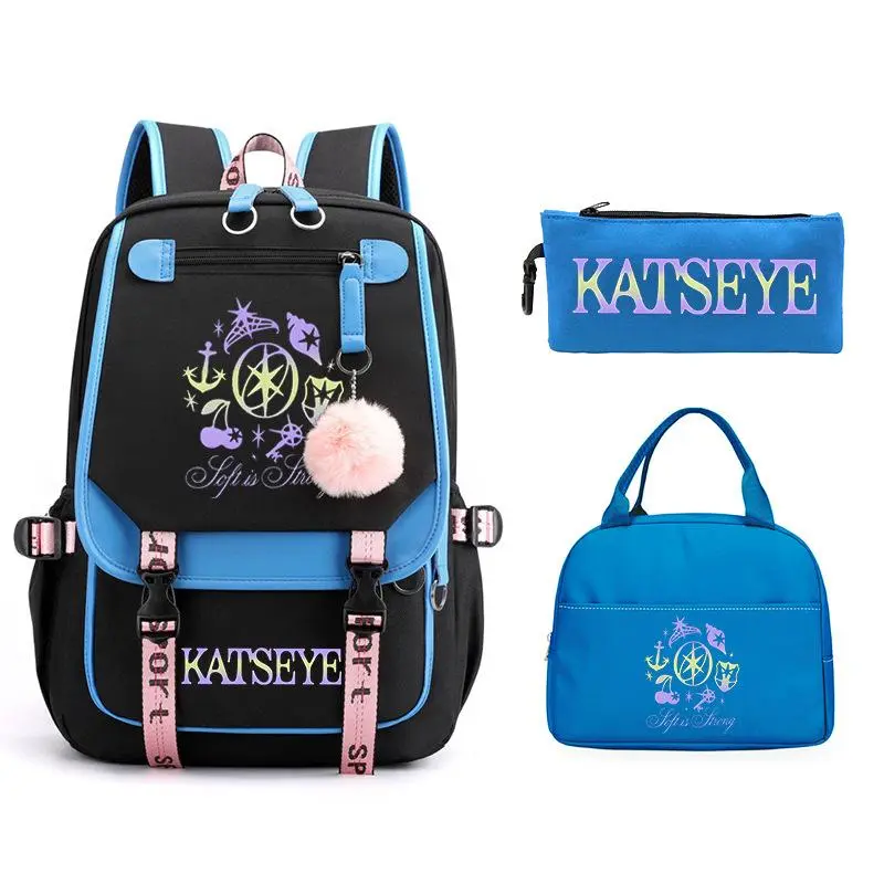 Gradient Letter Logo Print 3 In 1 Backpack Set With Thermal Lunch Bag And Pencil Case Fluffy Pom Pom Pendant Black And Cyan Contrast Trim Adjustable Pink Buckle Webbing Straps Multi Zipper Compartments Side Mesh Water Bottle Holders Wear Resistant Oxford