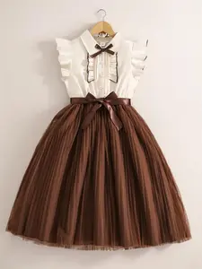 Girls' Bow-Embellished Flared Sleeve Dress, Stylish Sweet Look for Daily Parties, Cute and Trendy Design with Collar, Collared Dress, Summer Cute Dresses