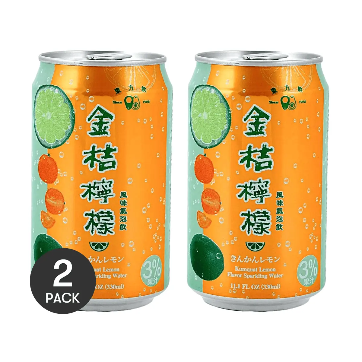 2 Pack Dongfangyin Taiwanese Kumquat Lemon Sparkling Drink 330ml - Refreshing Citrus Soda