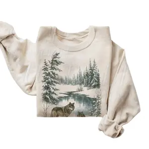 The Retro Wolf 90s Sweatshirt, Nature Vintage Wildlife Forest Crewneck, Boho Unisex Cabincore Crewneck Cozy Season Rustic Wolves Top,  Menswear Top, Womenswear Top Underwear Streetwear