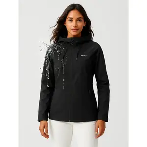 Women's Waterproof Windproof Outdoor Hooded Jacket, Breathable Softshell Hiking Coat with Zipper Pocket, Lightweight Spring Fall Camping Raincoat