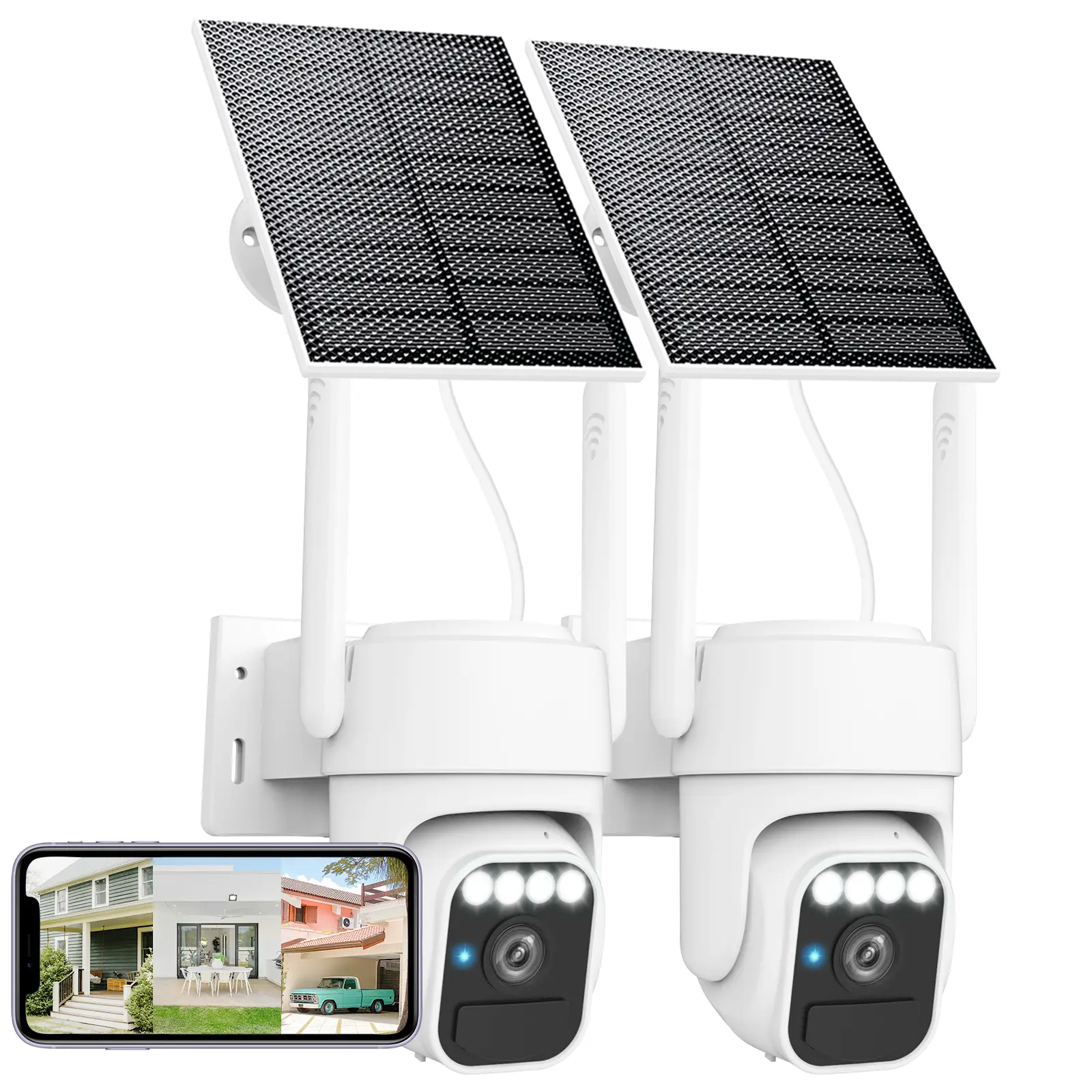 Solar Camera Outdoor Wireless 2 Packs, Two-Way Talk, Color Night Vision,  Wi-Fi Camera with Pan & Tilt Control, Motion Detection, SD/Cloud Storage, 2.4GHz Wi-Fi, IP65 Rated