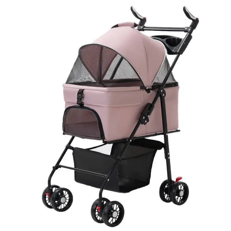 4-Wheel Pet Stroller for Dogs & Cats - Foldable Travel Stroller with Lightweight Frame, Smooth Ride, Stable Design, Breathable Mesh, Large Basket, Cup Holder & Removable Carrier Bag